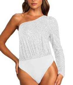 ticticlily Body Damen Langarm Ärmellos Bodies Casual Party Tuniken Top Unterhemd Bodysuit Einteiliger Overall Pailletten Perlen Glänzende Oberteile Top Streetwear C Weiß S von ticticlily