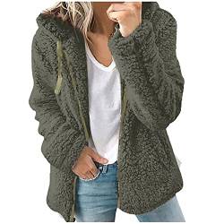 ticticlily Fleece Jacken Damen Teddy Plüsch Sherpa Übergangsjacke Herbstmantel Mantel Lange Ärmel mit Knopf Reißverschluss Teddyjacke Kurz Oberteile Kapuzenpullover Winter Herbst A Armeegrün XXL von ticticlily