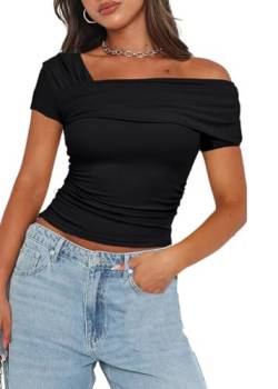 ticticlily Tshirt Damen Sexy Casual Elegant Chic Oberteile Tops Kurzarm Irregulär Kragen Baisc Tee Shirt Cropshirt Bodycon Pullover Top A Schwarz S von ticticlily