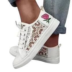 tinbarry Canvas Sneakers Damen Low-Cut Flache Bestickte Sneaker Spitze Atmungsaktive Stoffschuhe Elegante Frauen Schnürhalbschuhe Laufschuhe Outdoor Walkingschuhe Halbschuhe Herbst Schuhe von tinbarry