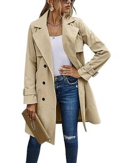 tinbarry Trenchcoat Damen Langer Mantel mit Gürtel Zweireiher Übergangsjacke Hohe Taille Klassische Herbst Frühling Jacke Winddichter Übergangsmantel von tinbarry