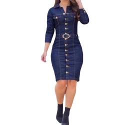 tinetill Jeanskleid Damen Sommerkleid Langarm Freizeitkleider V-Ausschnitt Knopf Midikleid Knielang Denim Kleid Bodycon Tunikakleider Vintage Blusenkleider Partykleid von tinetill