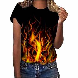 Bluse Damen Tops T-Shirts Flamme Gedruckt Schwarzes T-Shirt Casual Slim Fit Rundhalsausschnitt Kurzarm Top Shirt Frauen Flammendruck Muster Sommer Kurzarm T-Shirt Oberteile von tsaChick