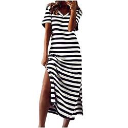 Damen Sommerkleid Gestreiftes Druck Freizeitkleid Maxikleid S-3XL Kurzarm Slim Fit V-Ausschnitt Langes Kleid Gestreiftes Lose Seitenschlitz WadenläNge Strandkleid Frauen MäDchen Umstandskleider von tsaChick