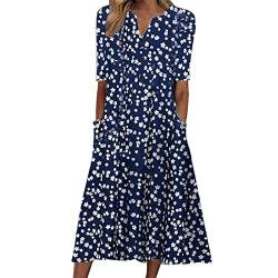 Sommerkleid Damen Minimalistischer Stil Maxikleid Casual Gekürzter V-Ausschnitt Urlaub Kurzarm Langes Kleid Holiday Boho Kleid Knopf Verzierung Tasche unterhalb des Knies Kleid Women's Kleider von tsaChick