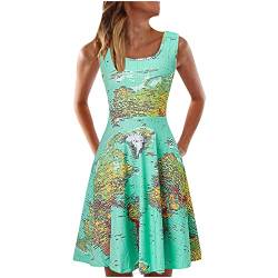 Sommerkleid Damen Weltkarte Bedruckt Weste Kleid äRmelloses LäSsiges Strandkleid Erde Panel Druck TräGerlos Quadrat Hals RüCkenfrei Swing Kleid Schlankes Knielanges Kleid Kleider Damen von tsaChick