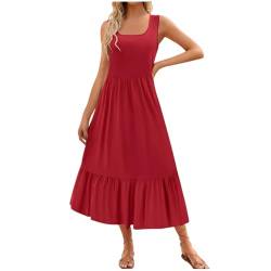 tsaChick Leinenkleid Damen Sommer Kleider Damen Langarm/Kurzarm Elegant Sexy Abendkleider Mesh Sommerkleid Party Cocktail Kleid Festkleid High Waist Knielang RüSchen A Linie Swing Red S von tsaChick