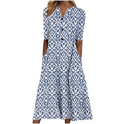 tsaChick Sommerkleid Sale Angebote Blusenkleid Damen Musselin Kleid Damen Kurzarm Below The Knee Kleid Bedruckte Tasche V-Ausschnitt Lose Freizeitkleid Kurzarm V-Ausschnitt Mid Calf Kleider DSA68 von tsaChick