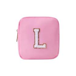 uekeboag Personalisierte Initiale Nette Rosa Make-up Tasche Monogrammiert Geburtstagsgeschenk für Frauen und Mädchen, Chenille Brief Preppy Kosmetiktasche mit Reißverschluss Wasserdichte Nylon Reise von uekeboag