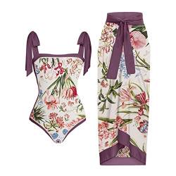 umifyxioy Badeanzug Damen, Badeanzug Damen Zweiteilig V Ausschnitt Badekleid Elegant Blumen Gedruckt Schwimmrock Set Sexy Badeanzugkleid Sport Langer Schwimmanzug Vintage Monokini Schlanke Strandmode von umifyxioy