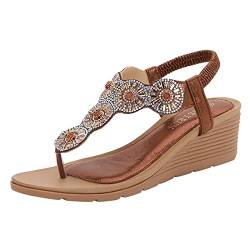 umifyxioy Sandalen Damen, Damen Sandaletten Flip Flops Keilsandalen Sandalen Damen Strass Bohemia T-Riemen Sandalen Keilabsatz Sommerschuhe Gummiband Slingback Zehentrenner Sandalen Strandschuhe von umifyxioy