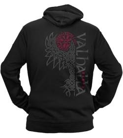 NØRTH Legendary Herren Hoodie mit Kapuze - Valhalla Odin Rabe Hugin Munin Rücken Aufdruck - nordische Wikinger Walhalla Geschenke für Männer, Valhalla Viking, Farbe:Schwarz / Blutrot, Größe:XXL von vanVerden