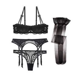 varsmiss Damen Spitze BH Und Tanga Und Strumpfband Und Strümpfe 4 Stück Sexy Dessous (Schwarz,75A) von varsmiss