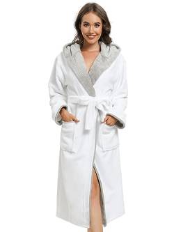 vislivin Bademantel Damen mit Kapuze Flauschig Bademantel Lang Warm Morgenmantel Fleece Robe Women White L von vislivin