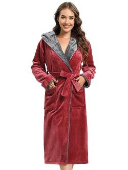 vislivin Bademantel Damen mit Kapuze Flauschig Bademantel Lang Warm Morgenmantel Fleece Robe Women Wine Red XL von vislivin