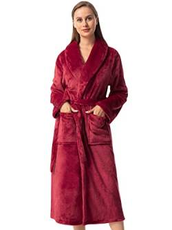 vislivin Fleece Bademantel Damen Lang Bademantel Flauschig Morgenmantel Schalkragen Saunamantel Women Robe Weinrot M von vislivin