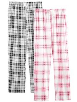vislivin Freizeithose Damen Lang Schlafanzughose Karierte Pyjamahose Weiche Frauen Hose mit Taschen Schwarzer Streifen/Rosa Streifen XL von vislivin