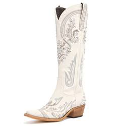 Western-Cowboystiefel für Damen, bestickt, Strass, kniehoch, Cowgirl-Stiefel, spitzer Zehenbereich, klobiger Absatz, modisch, Retro, klassischer hoher Stiefel, Cream, 37 EU von vodvob