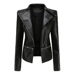 Damen-Lederjacke. Langarm-PU-Kurzjacke mit abnehmbarem Saum, Bikerjacke von voghion