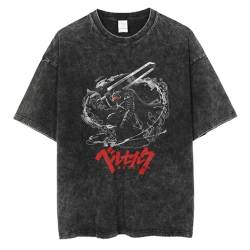 Männer Washed T Shirt Berserk Washed T-Shirt Anime Guts Skull Knight Graphic Tshirt Guts Berserk Black Swordsman Vintage Do Old Tops von westtrend