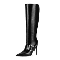 wetkiss Kniehohe Stiefel für Damen mit seitlichem Reißverschluss, spitzer Zehenbereich, Stiletto-High-Heels, Schnallenriemen, Mattes Schwarz, 37.5 EU von wetkiss