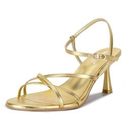 wetkiss Riemchenschuhe für Damen, Stiletto-Absätze, niedriger Absatz, Kätzchen-Absätze, verstellbarer Knöchelriemen, runde offene Zehenpartie, für Heimkehr, Party, Kleid, Hochzeit, Gold, Schwarz, von wetkiss