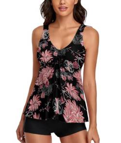 wihnsinop Tankini Damen Badeanzug Push Up Top Oberteil Bauchweg Bademode Oberteil Set Damen Freizeit Tankini Badeanzug Zweiteiler Sommer Elegant Badeanzüge mit Badeshorts Set Rosa Blumen M von wihnsinop