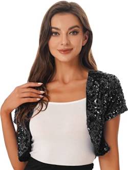 winying Damen Glänzend Bolero Kurzarm Schulterjacke Vorne Offen Kurz Jäckchen zum Festlich Hochzeit Braut Party Ball Kleid Schwarz Einheitsgröße von winying