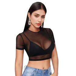 Damen Netz Oberteil Transparentes Shirt Sexy Damen Schwarz Langen Ärmeln Durchsichtiges Damen Langarm Shirt Leichtes Transparent Tüll Mesh T-Shirt Sheer Mesh Bluse Tunika Casual (Kurze Ärmel XXL) von wlertcop