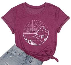 Damen Wandern Berg Shirt Natur Sonnenaufgang Grafik gedruckt Wandern T-Shirt Sommer Kurzarm Workout Tee Top, Violett, Groß von wxqxzly