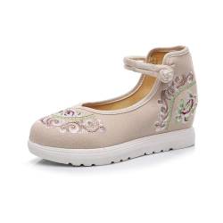 Damen-Ballerinas Im Vintage-Stil Mit Handgefertigten Stickereien Und Blumenmuster Schuhe Mit Knöchelriemen Im Traditionellen Chinesischen Stil Tanzschuhe Mit Runder Spitze Im Mary-Jane-Stil(Beige,35 E von xinrishe