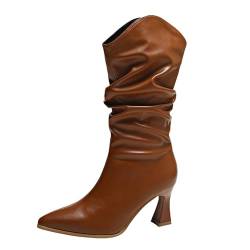 xiongwei Damen Schuhe Club C Winter V-Ausschnitt Plissee Flor Sexy Weinglas Absatz Zehe Western Vielseitige Mid Calf Stiefel Damen Creme (Brown, 39) von xiongwei