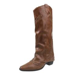 xiongwei Damen Schuhe Silber Winter Hosenbeine Dicke Absätze Zehe Lange Personalisierte Western Cowboy Hohe Stiefel Plateau Damen Winter (Brown, 37) von xiongwei