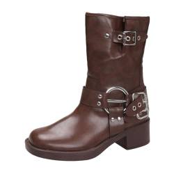 xiongwei Dicke Waden Schwarz Sohle Britische Retro All Western Cowboy Stiefel Gürtelschnalle Mid Calf Stiefel Damen 44 (Brown, 38) von xiongwei