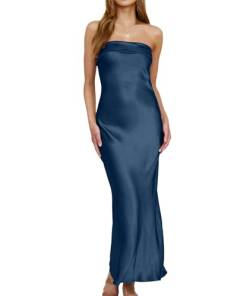 xxxiticat Damen Schlauch Rückenfreies Satin Maxikleid Elegante Trägerlose Lange Kleider für Hochzeitsgäste(BE,XL) von xxxiticat