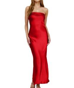 xxxiticat Damen Schlauch Rückenfreies Satin Maxikleid Elegante Trägerlose Lange Kleider für Hochzeitsgäste(RE,S) von xxxiticat