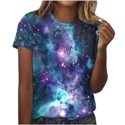 Damen Tshirt Galaxy Print Shirt Sommer Oberteile Galaxie Drucken T-Shirt Teenager Mädchen Rundhals Kurzarm T Shirt Kosmischer Sternenhimmel Druck Ausgefallene Blusen Coole Shirts von yiouyisheng