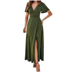 yiouyisheng Damen Abendkleid Elegant V-Ausschnitt Kurze Ärmel Partykleid Schlank Solide Farbe, Frauen Maxikleid Hochzeitsgast Langes Festliches Kleid Cocktailkleid mit Schlitz von yiouyisheng