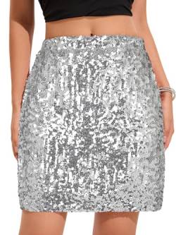 zffriction Paillettenrock für Damen Glitzer Rock Elastische Taille A-Linie Hüftrock Kurzer Rock Damen Minirock Sexy Party Rave Outfit (DE/NL/SE/PL, Alphanumerisch, XL, Regular, Regular, Silber) von zffriction