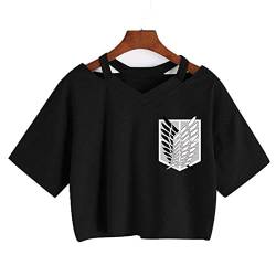 Attack on Titan T-Shirt Manga Japanischer Anime Shingeki No Kyojin T-Shirt Gothic Harajuku T-Shirt Punk V-Ausschnitt Sexy Crop Tops T-Shirt (XS,Color 1) von zhedu
