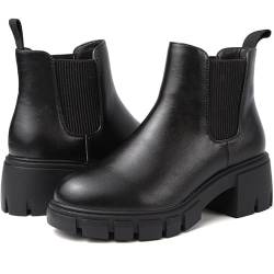 Chelsea-Stiefel für Damen, Plateaustiefel, wasserdicht, elastisch, klobiger Absatz, Sohle, Schlupfstiefel, Winterstiefel, Schwarz , 40.5 EU von ziitop